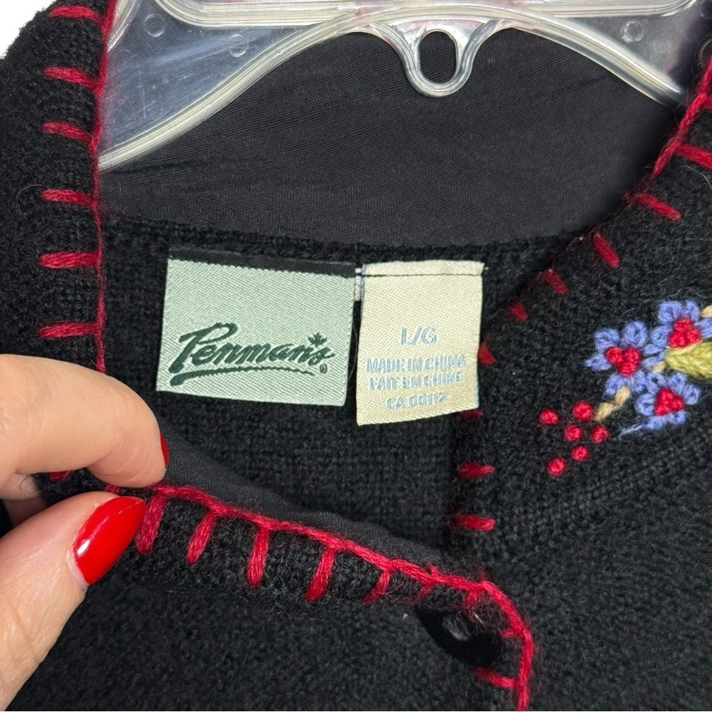 Vintage Floral Embroidered Boiled Wool Cardigan Sweater Jacket Size Large Black - Picture 6 of 8